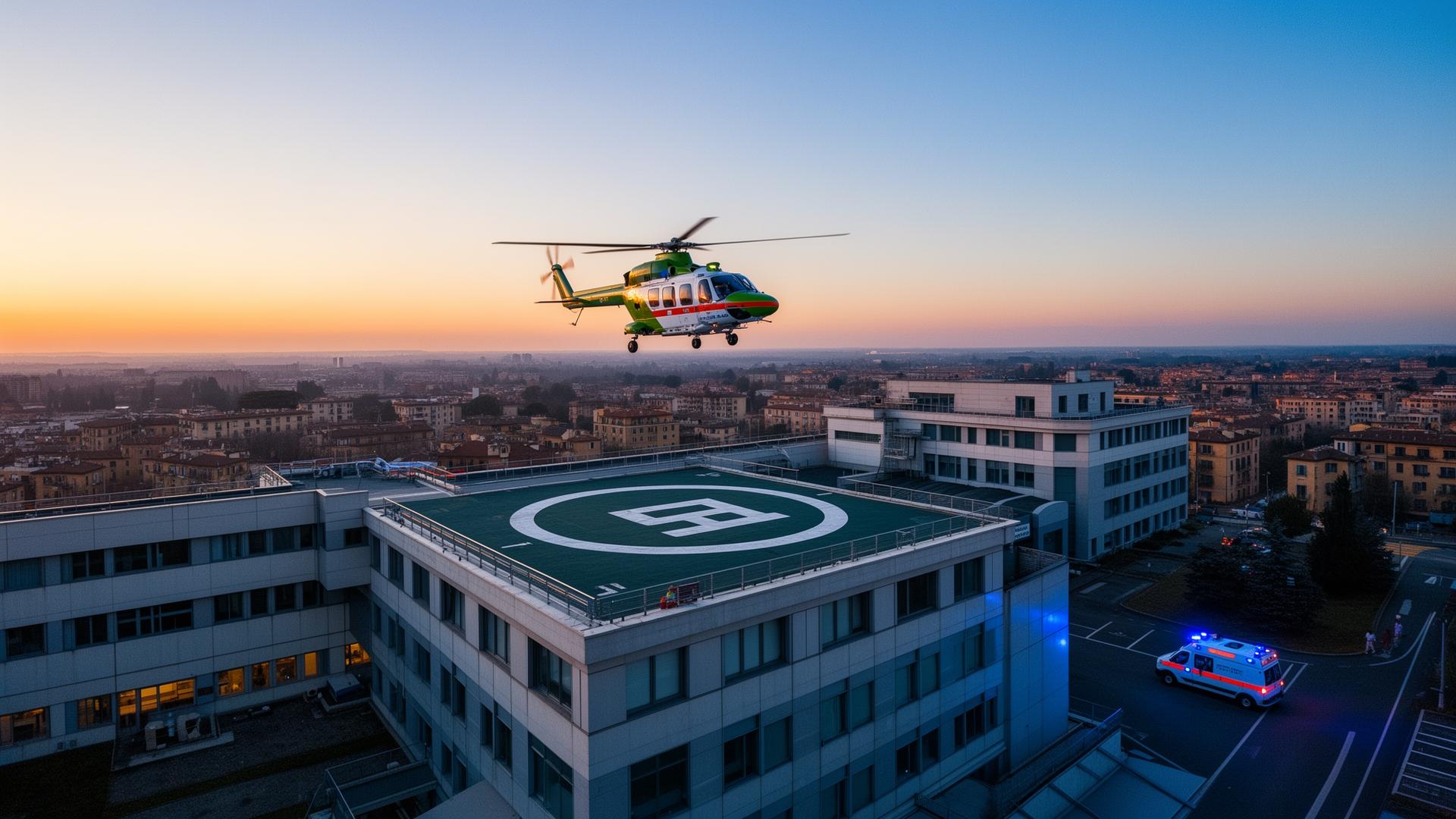 Leader nei trasporti sanitari in Italia ed Estero Elicottero aeroambulanza Assistiamo Te in decollo da un eliporto ospedaliero italiano all'alba